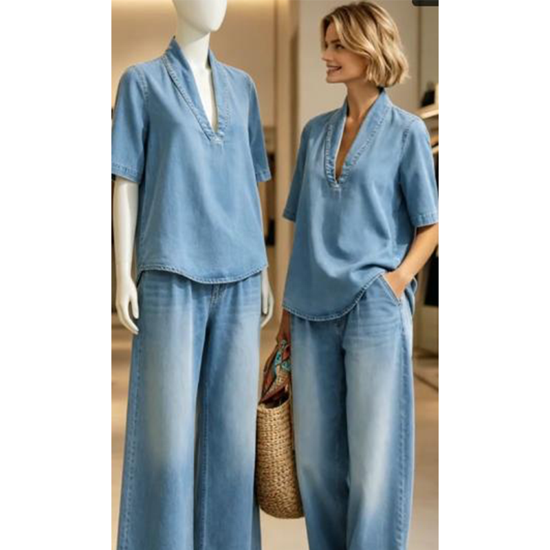 ✨👗 Damski letni komplet jeansowy – top z dekoltem w serek i spodnie z szerokimi nogawkami
