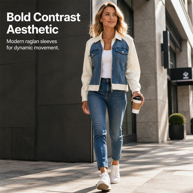💥Kreatywna damska kurtka jeansowa z łączonych materiałów 🧥 – Wyrazisty streetwear w stylu casual