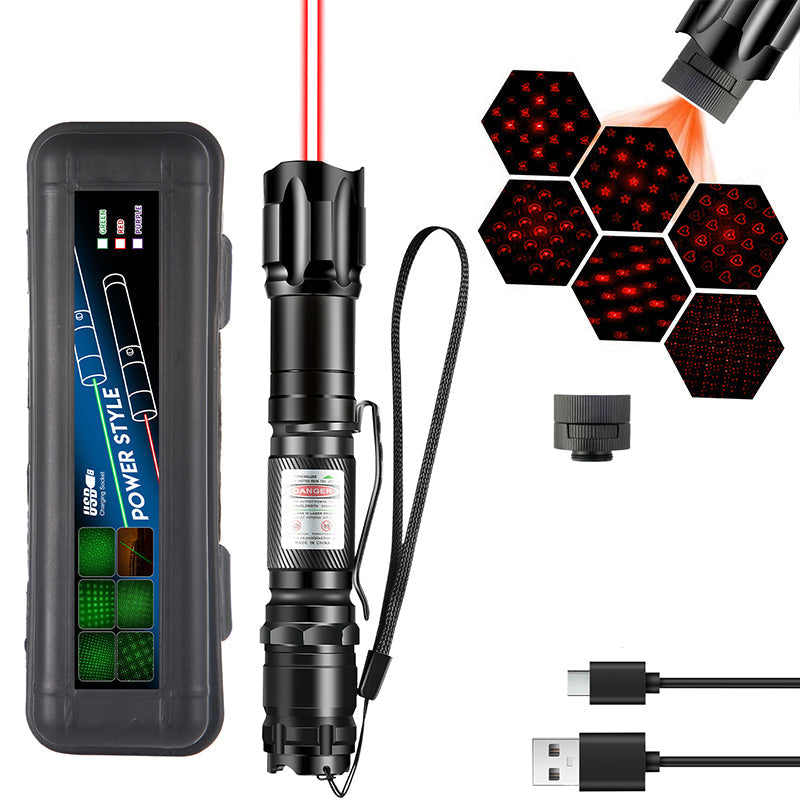🔦 Akumulatorowy czerwony lub zielony wskaźnik laserowy z wymiennymi końcówkami (wzorami)