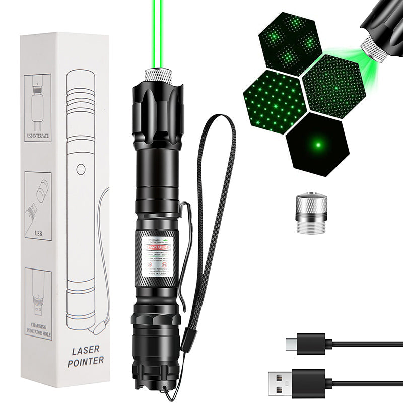 🔦 Akumulatorowy czerwony lub zielony wskaźnik laserowy z wymiennymi końcówkami (wzorami)