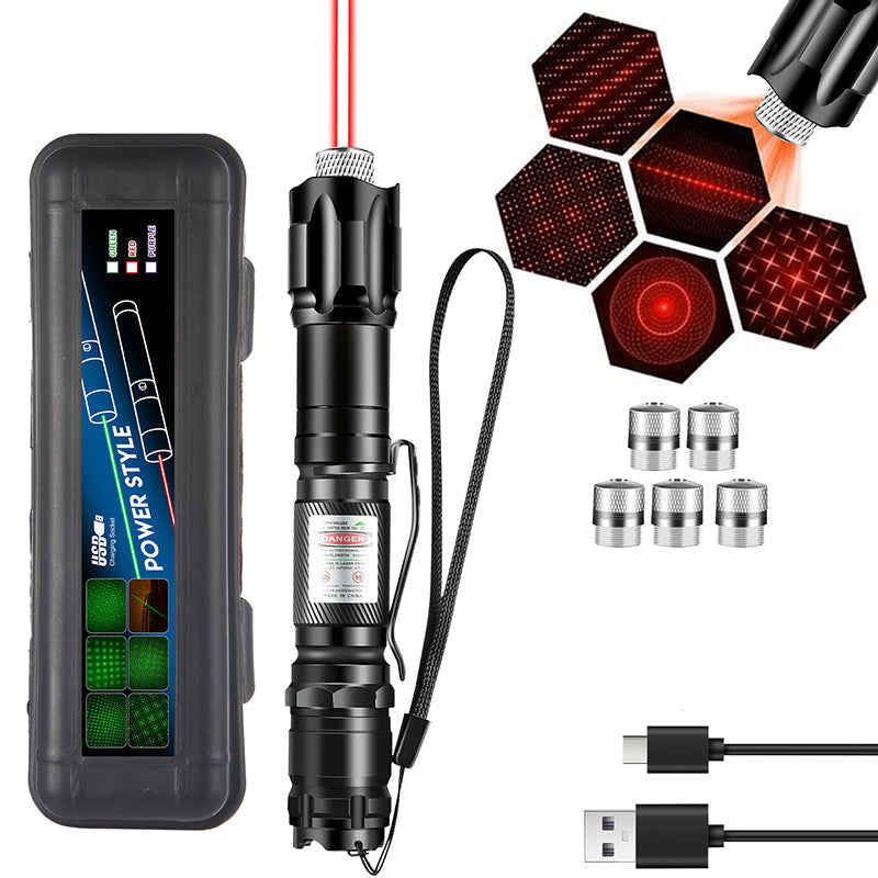 🔦 Akumulatorowy czerwony lub zielony wskaźnik laserowy z wymiennymi końcówkami (wzorami)
