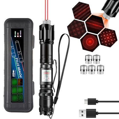 🔦 Akumulatorowy czerwony lub zielony wskaźnik laserowy z wymiennymi końcówkami (wzorami)
