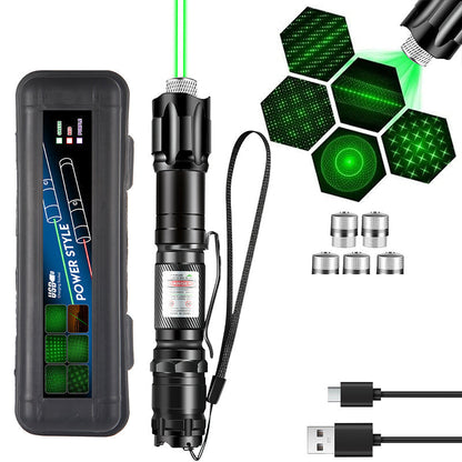 🔦 Akumulatorowy czerwony lub zielony wskaźnik laserowy z wymiennymi końcówkami (wzorami)