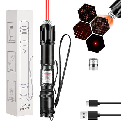 🔦 Akumulatorowy czerwony lub zielony wskaźnik laserowy z wymiennymi końcówkami (wzorami)