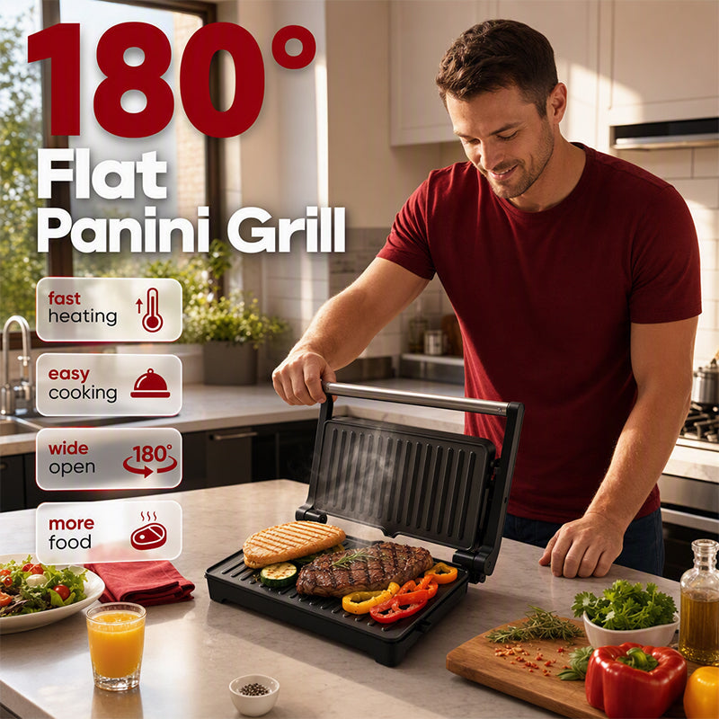 Różowy elektryczny opiekacz do kanapek i panini z funkcją rozkładania o 180 stopni (płaski grill)