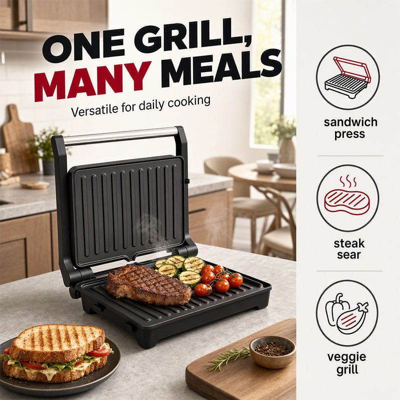 Różowy elektryczny opiekacz do kanapek i panini z funkcją rozkładania o 180 stopni (płaski grill)