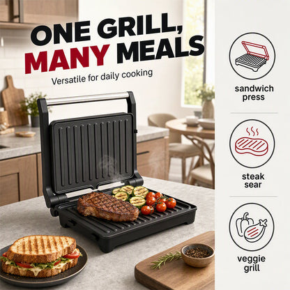Różowy elektryczny opiekacz do kanapek i panini z funkcją rozkładania o 180 stopni (płaski grill)