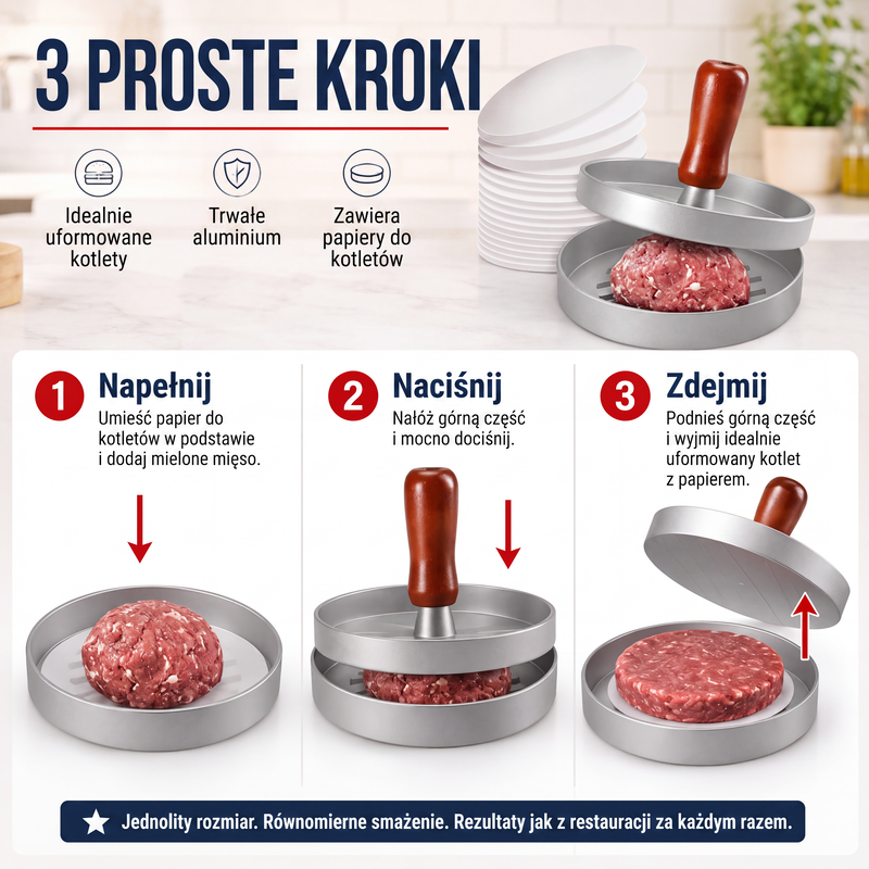 🍔 Prasa do burgerów z drewnianą rączką – profesjonalne burgery w domowym zaciszu!
