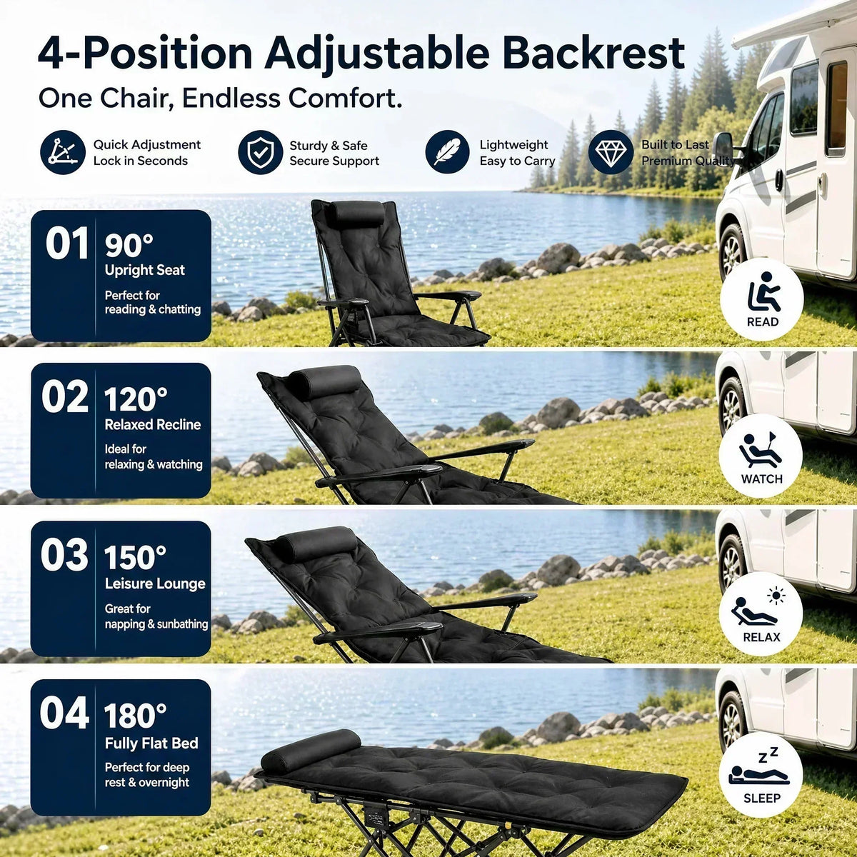 🏕️Teraz 50% taniej! Regulowany, wyściełany fotel turystyczny z funkcją rozkładania – wytrzymały, przenośny leżak kempingowy z podnóżkiem (udźwig 150 kg), idealny do kampera, ogrodu i na piknik.