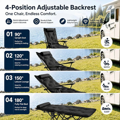 🏕️Teraz 50% taniej! Regulowany, wyściełany fotel turystyczny z funkcją rozkładania – wytrzymały, przenośny leżak kempingowy z podnóżkiem (udźwig 150 kg), idealny do kampera, ogrodu i na piknik.