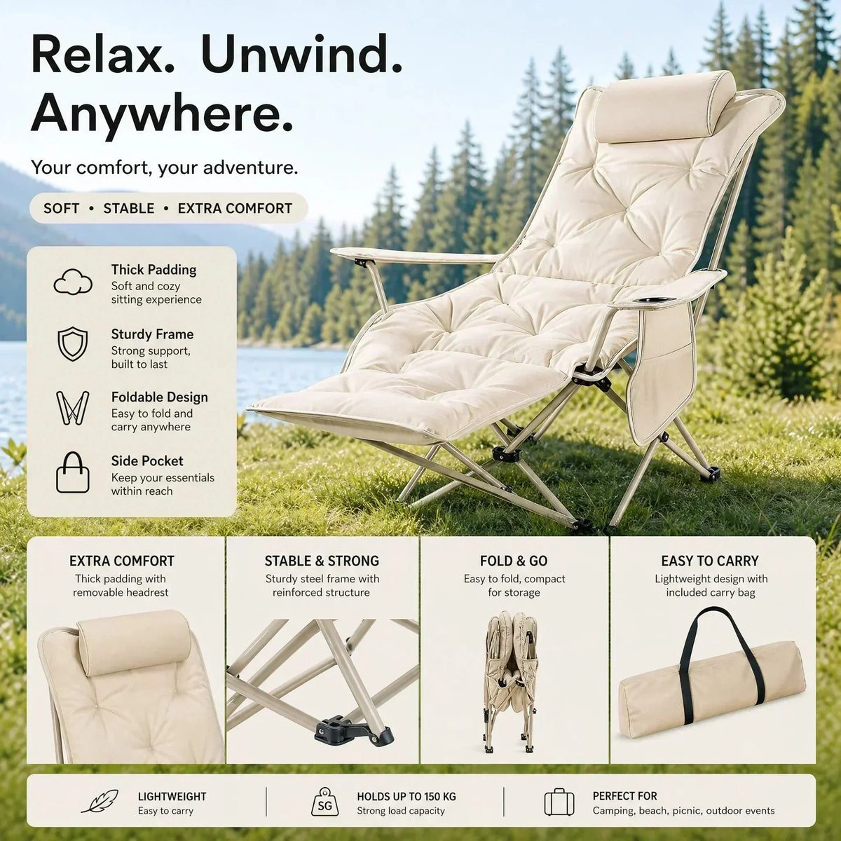 🏕️Teraz 50% taniej! Regulowany, wyściełany fotel turystyczny z funkcją rozkładania – wytrzymały, przenośny leżak kempingowy z podnóżkiem (udźwig 150 kg), idealny do kampera, ogrodu i na piknik.