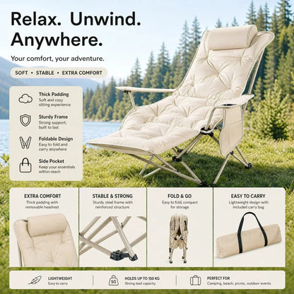 🏕️Teraz 50% taniej! Regulowany, wyściełany fotel turystyczny z funkcją rozkładania – wytrzymały, przenośny leżak kempingowy z podnóżkiem (udźwig 150 kg), idealny do kampera, ogrodu i na piknik.