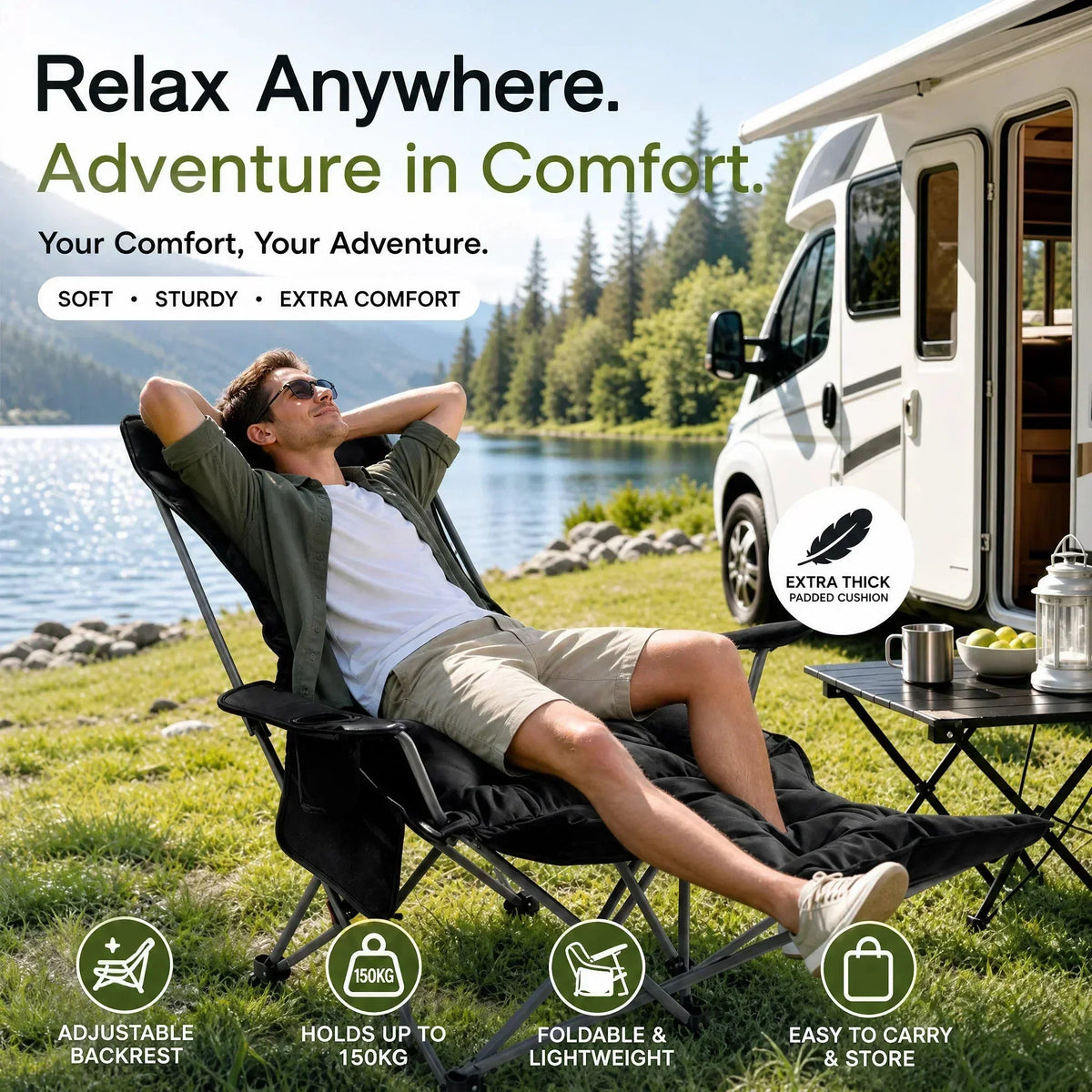 🏕️Teraz 50% taniej! Regulowany, wyściełany fotel turystyczny z funkcją rozkładania – wytrzymały, przenośny leżak kempingowy z podnóżkiem (udźwig 150 kg), idealny do kampera, ogrodu i na piknik.