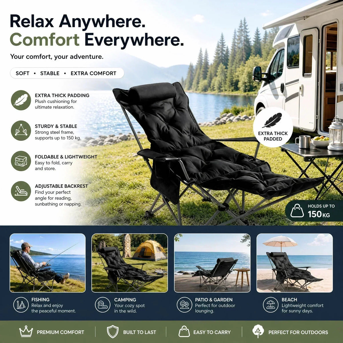 🏕️Teraz 50% taniej! Regulowany, wyściełany fotel turystyczny z funkcją rozkładania – wytrzymały, przenośny leżak kempingowy z podnóżkiem (udźwig 150 kg), idealny do kampera, ogrodu i na piknik.