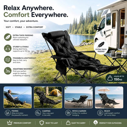 🏕️Teraz 50% taniej! Regulowany, wyściełany fotel turystyczny z funkcją rozkładania – wytrzymały, przenośny leżak kempingowy z podnóżkiem (udźwig 150 kg), idealny do kampera, ogrodu i na piknik.