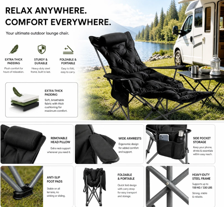 🏕️Teraz 50% taniej! Regulowany, wyściełany fotel turystyczny z funkcją rozkładania – wytrzymały, przenośny leżak kempingowy z podnóżkiem (udźwig 150 kg), idealny do kampera, ogrodu i na piknik.