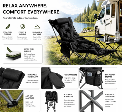 🏕️Teraz 50% taniej! Regulowany, wyściełany fotel turystyczny z funkcją rozkładania – wytrzymały, przenośny leżak kempingowy z podnóżkiem (udźwig 150 kg), idealny do kampera, ogrodu i na piknik.