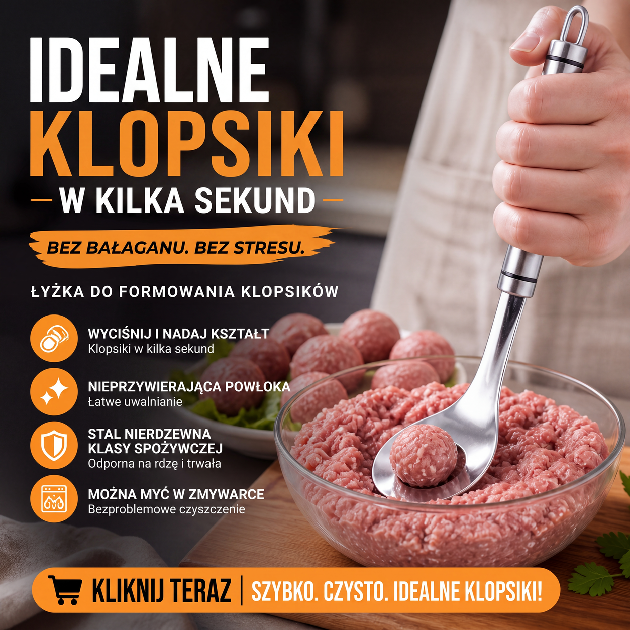 🥄 Stalowa łyżka do formowania klopsików – równomierne pierogi, trwałe ⚡