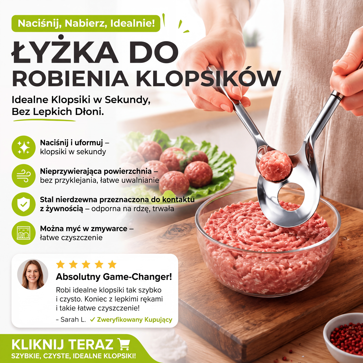 🥄 Stalowa łyżka do formowania klopsików – równomierne pierogi, trwałe ⚡
