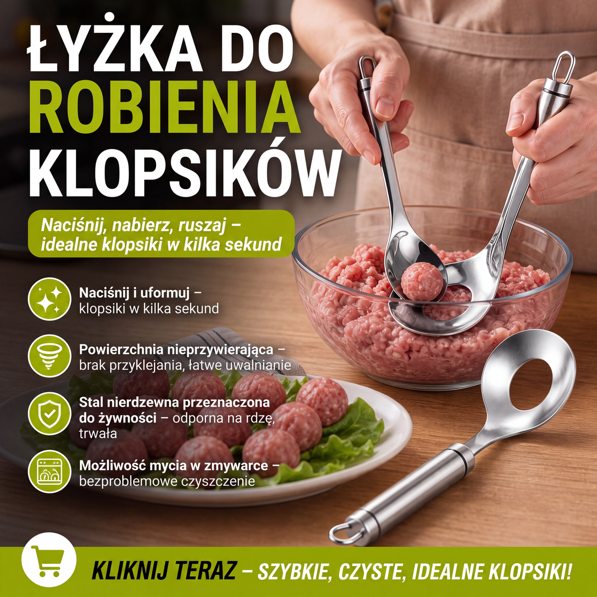 🥄 Stalowa łyżka do formowania klopsików – równomierne pierogi, trwałe ⚡