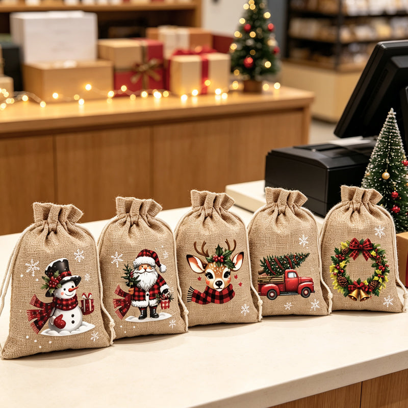🎄 Świąteczne woreczki na prezenty ze ściągaczem – wzór ze Świętym Mikołajem i reniferem, woreczki z materiału wielokrotnego użytku