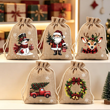 🎄 Świąteczne woreczki na prezenty ze ściągaczem – wzór ze Świętym Mikołajem i reniferem, woreczki z materiału wielokrotnego użytku