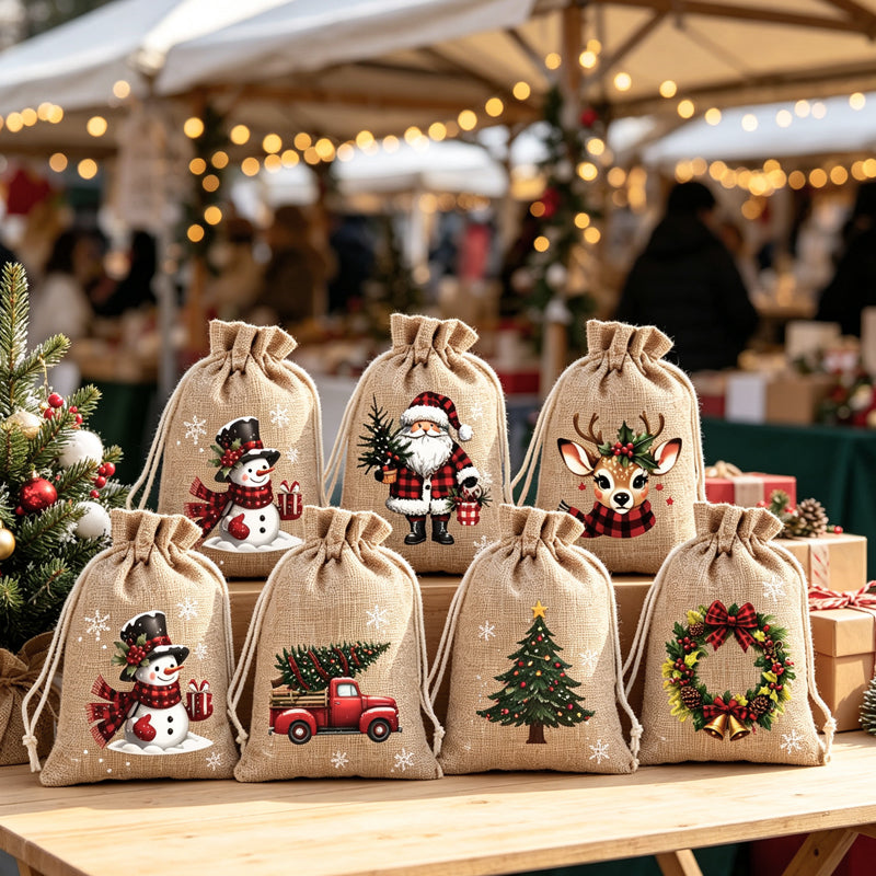 🎄 Świąteczne woreczki na prezenty ze ściągaczem – wzór ze Świętym Mikołajem i reniferem, woreczki z materiału wielokrotnego użytku