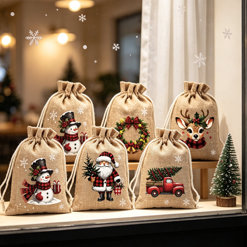 🎄 Świąteczne woreczki na prezenty ze ściągaczem – wzór ze Świętym Mikołajem i reniferem, woreczki z materiału wielokrotnego użytku