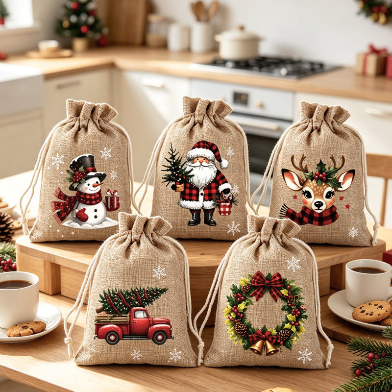 🎄 Świąteczne woreczki na prezenty ze ściągaczem – wzór ze Świętym Mikołajem i reniferem, woreczki z materiału wielokrotnego użytku