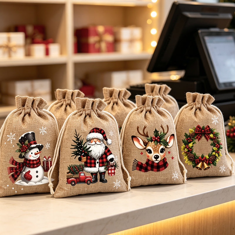 🎄 Świąteczne woreczki na prezenty ze ściągaczem – wzór ze Świętym Mikołajem i reniferem, woreczki z materiału wielokrotnego użytku