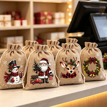 🎄 Świąteczne woreczki na prezenty ze ściągaczem – wzór ze Świętym Mikołajem i reniferem, woreczki z materiału wielokrotnego użytku