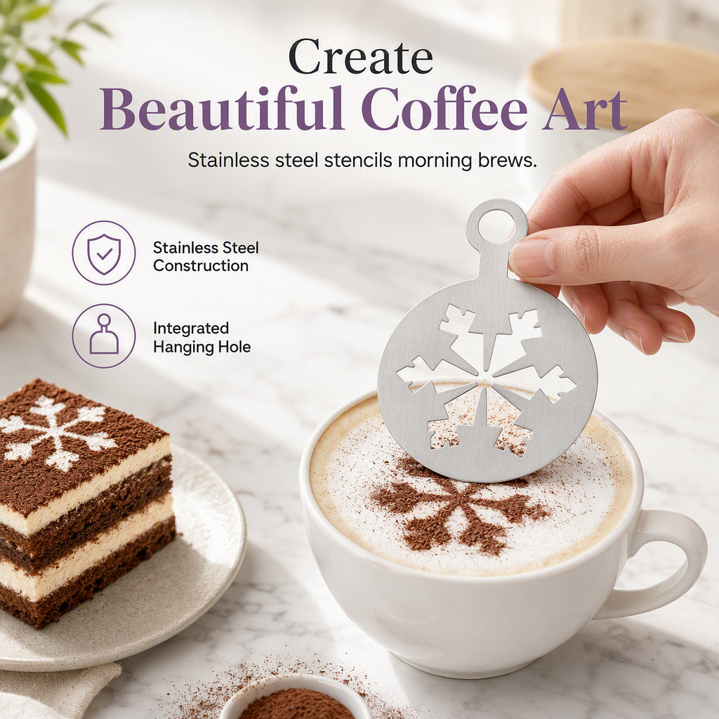 🥳Hit sprzedaży 2026🥳💞Ponad 50 tys. sprzedanych sztuk! ☕🍰 Uniwersalny szablon do kawy – jeden wzór do latte, babeczek i talerzyków deserowych. Lekki i poręczny – proste i eleganckie dekorowanie w stylu DIY! 🎨💚
