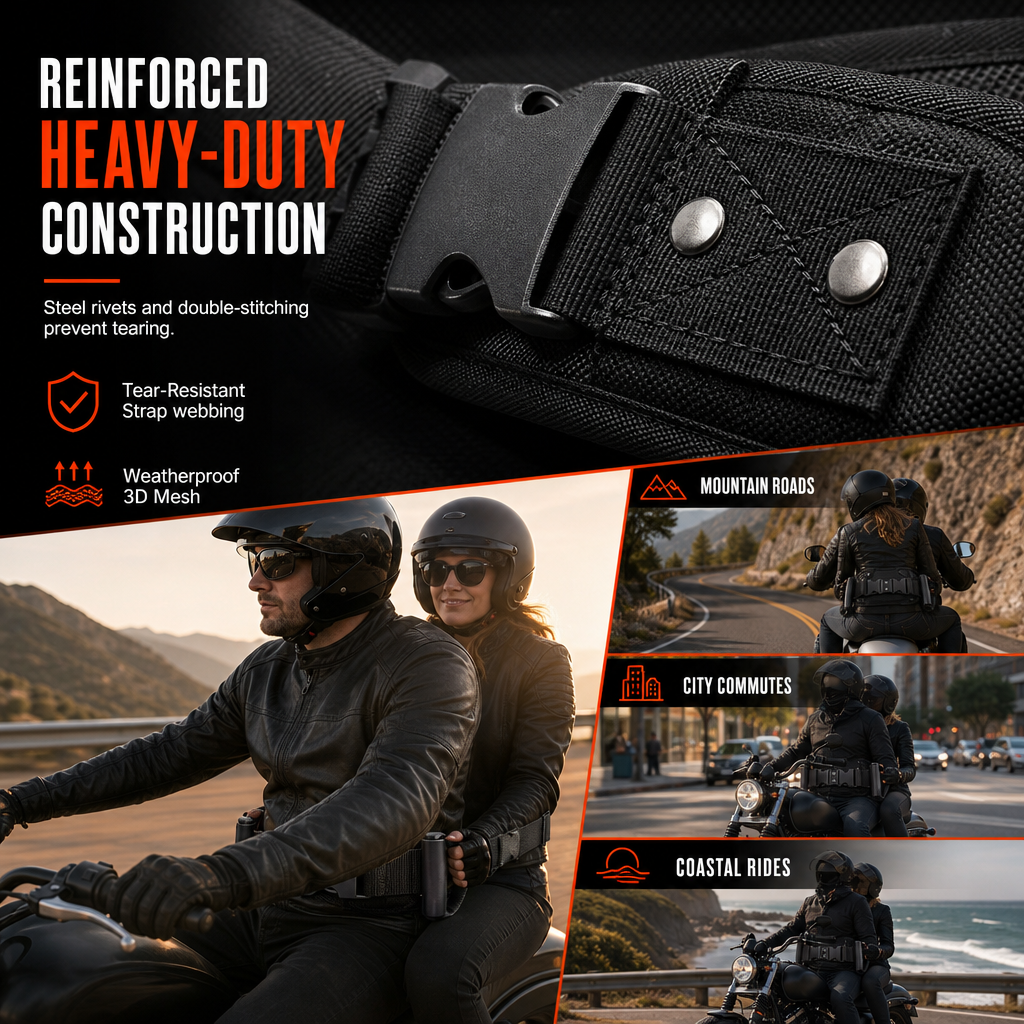 ⏳Oferta ograniczona czasowo⏰ Pas z uchwytem dla pasażera motocykla – antypoślizgowy, regulowany, wytrzymały 🏍️✨