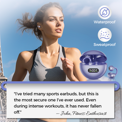 🎧 👂 Słuchawki Bluetooth typu „open-ear” (zaczepiane na ucho) – całodzienny komfort, wciągający dźwięk, minimalizacja wycieku dźwięku, 8–10 godzin pracy na baterii, sterowanie dotykowe. Bez bólu uszu! 🔋