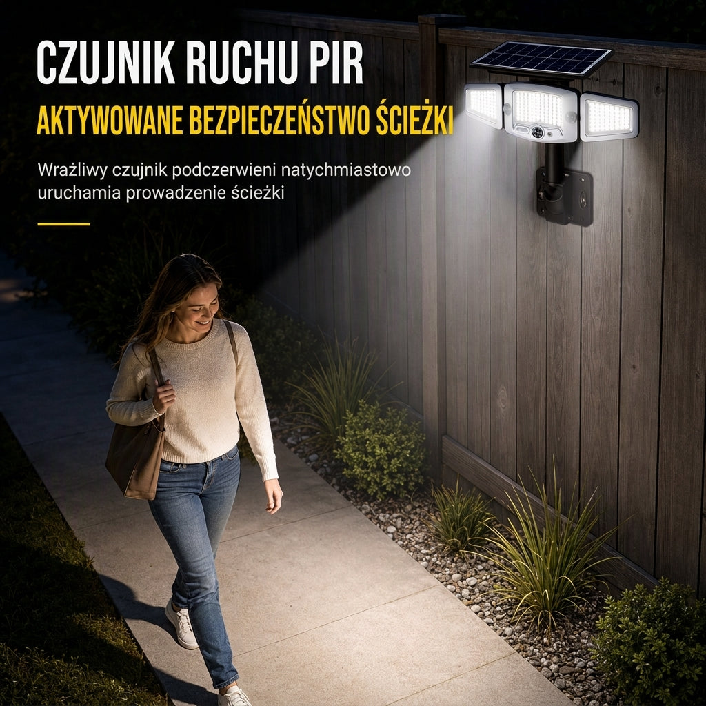☀️ Słoneczna lampa z czujnikiem ruchu o 3 głowicach – światło tam, gdzie go potrzebujesz! ✨🔦