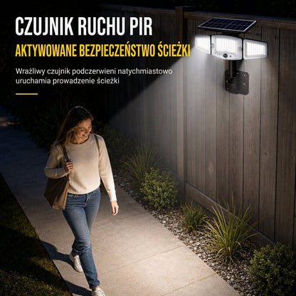 ☀️ Słoneczna lampa z czujnikiem ruchu o 3 głowicach – światło tam, gdzie go potrzebujesz! ✨🔦