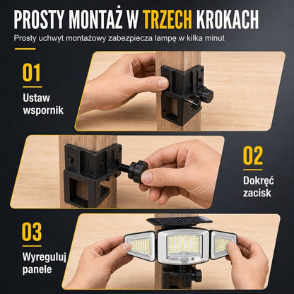☀️ Słoneczna lampa z czujnikiem ruchu o 3 głowicach – światło tam, gdzie go potrzebujesz! ✨🔦