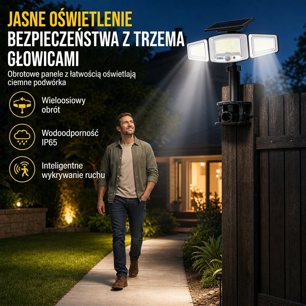 ☀️ Słoneczna lampa z czujnikiem ruchu o 3 głowicach – światło tam, gdzie go potrzebujesz! ✨🔦