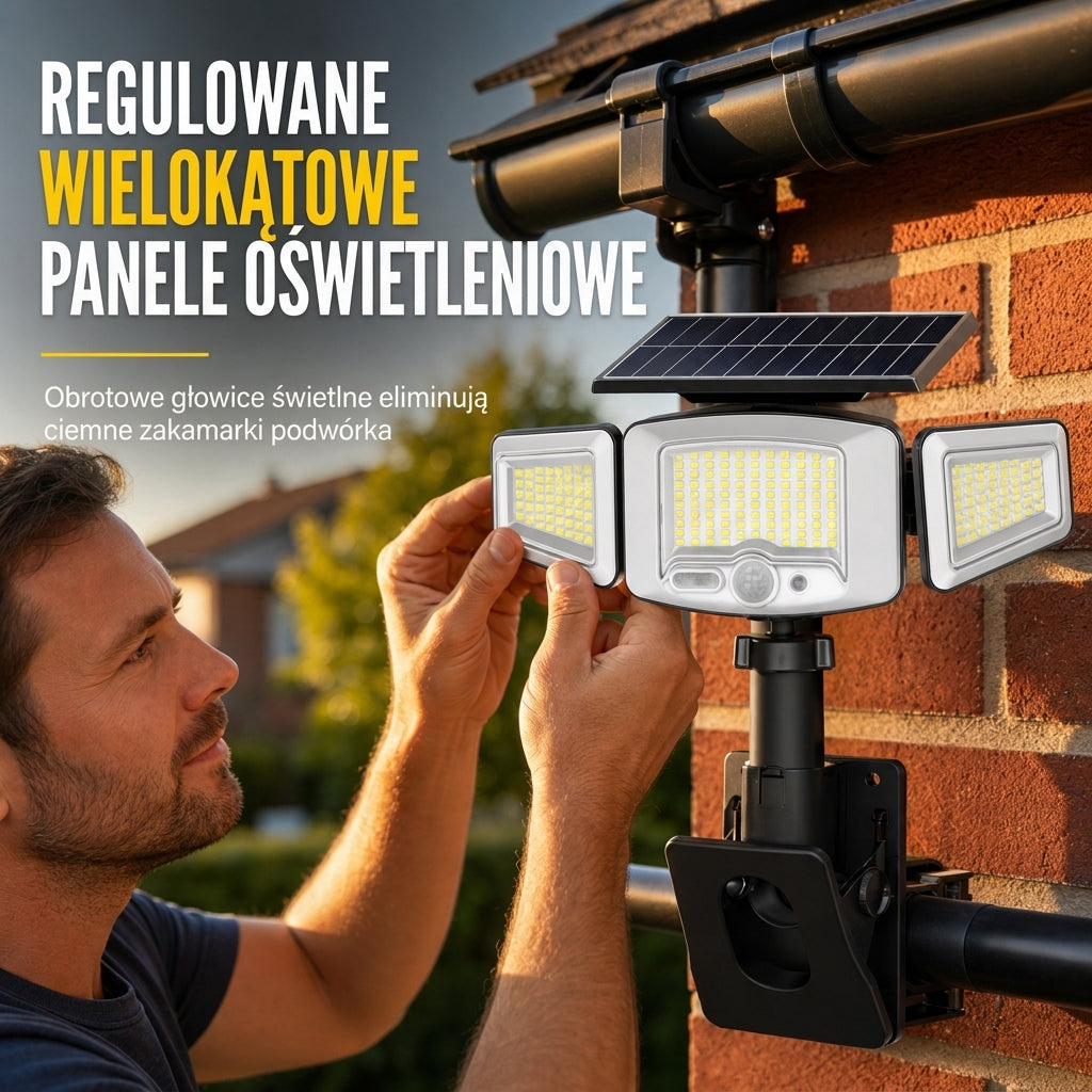 ☀️ Słoneczna lampa z czujnikiem ruchu o 3 głowicach – światło tam, gdzie go potrzebujesz! ✨🔦