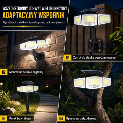 ☀️ Słoneczna lampa z czujnikiem ruchu o 3 głowicach – światło tam, gdzie go potrzebujesz! ✨🔦