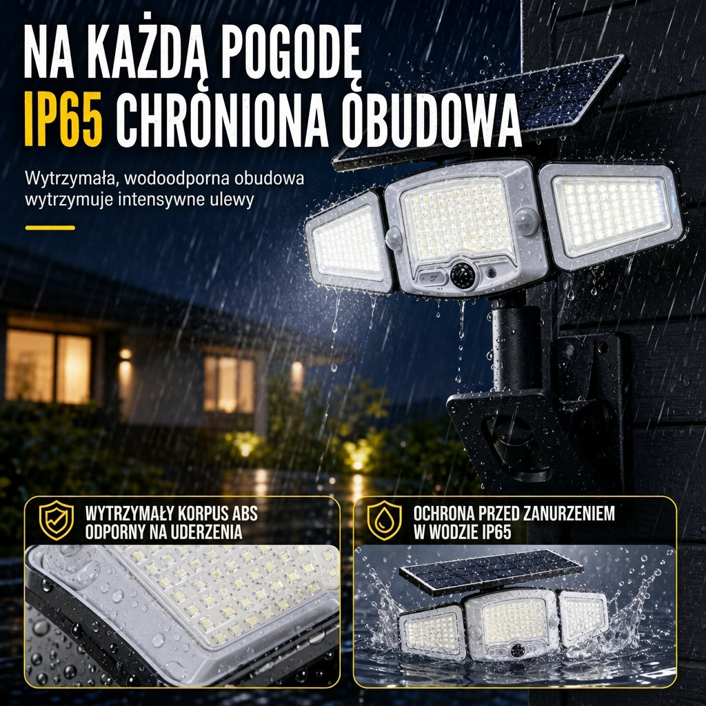 ☀️ Słoneczna lampa z czujnikiem ruchu o 3 głowicach – światło tam, gdzie go potrzebujesz! ✨🔦