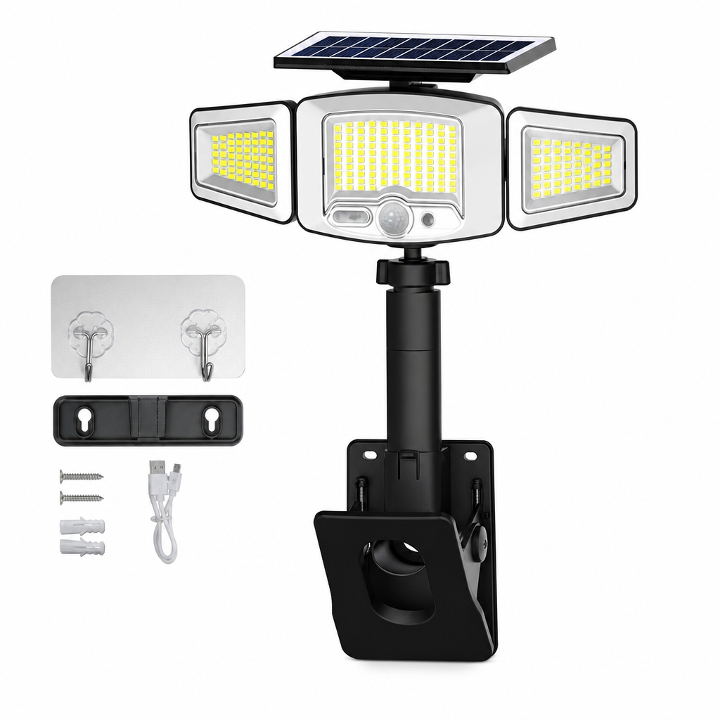 ☀️ Słoneczna lampa z czujnikiem ruchu o 3 głowicach – światło tam, gdzie go potrzebujesz! ✨🔦