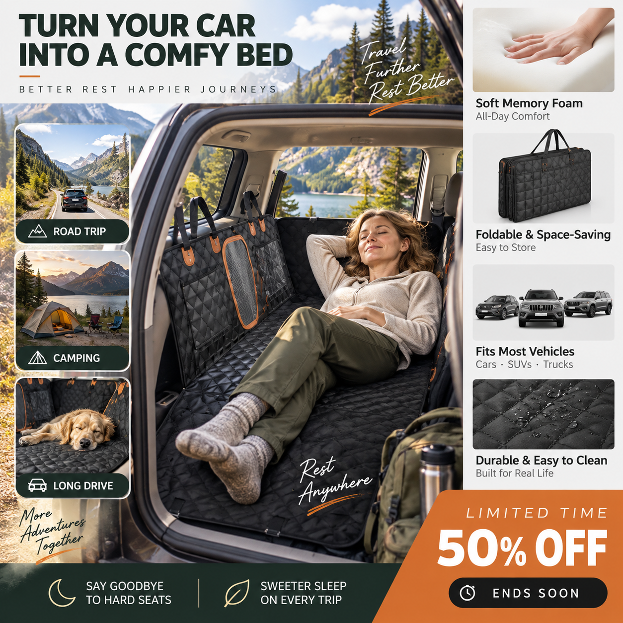 🛏️ Materac na tylne siedzenie – 50% ZNIŻKI! OFERTA LIMITOWANA!💤 Z pianki memory, wygodny i kompaktowy – idealny na długie trasy, biwak i podróż z dziećmi. ✨Zapewnia komfortowy sen w aucie! 🚗